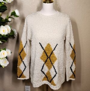 MiAmi for Francesca’s Chunky Knit Argyle Sweater Small Cream Mustard Cozy